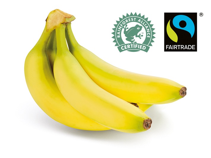 Nachhaltiges Bananensortiment bei Lidl / Ab Anfang April sind alle Bananen bei Lidl mit dem &quot;Rainforest Alliance&quot;- oder &quot;Fairtrade&quot;-Siegel ausgezeichnet