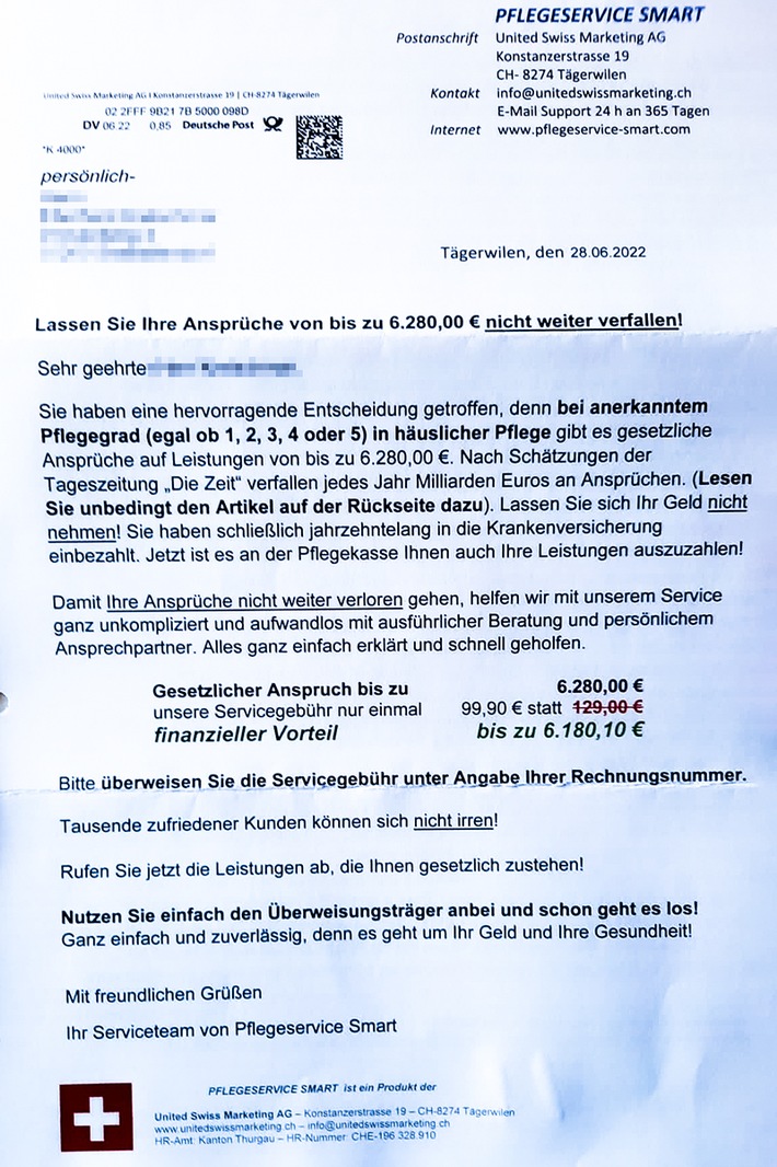 POL-MR: Marburg- Biedenkopf: Betrüger versenden Briefe- angeblicher Pflegedienst verspricht Leistungen