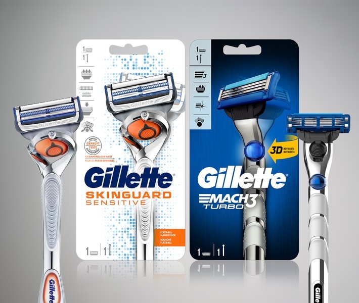 NEU: Produktfavoriten Gillette SkinGuard Sensitive und MACH3 Turbo jetzt mit beweglichem Klingenkopf / Weiterer Text über ots und www.presseportal.de/nr/35513 / Die Verwendung dieses Bildes ist für redaktionelle Zwecke honorarfrei. Veröffentlichung bitte unter Quellenangabe: "obs/Gillette Deutschland"