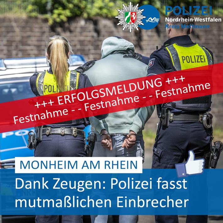 POL-ME: Dank aufmerksamer Zeugen: Polizei fasst mutmaßlichen Einbrecher - Monheim am Rhein - 2301016