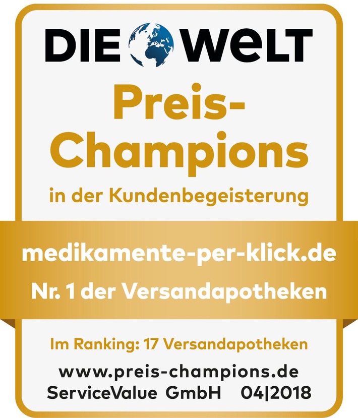 Medikamente per Klick erneut Platz 1 unter den Versandapotheken / Preis-Champion in der Kundenbegeisterung