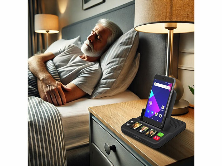 Das Smartphone zu einer Notruf-Station mit Kurzwahltasten aufrüsten: Callstel Senioren-Freisprecheinrichtung mit 3 Kurzwahl-Foto-Tasten, Notruf, Qi
