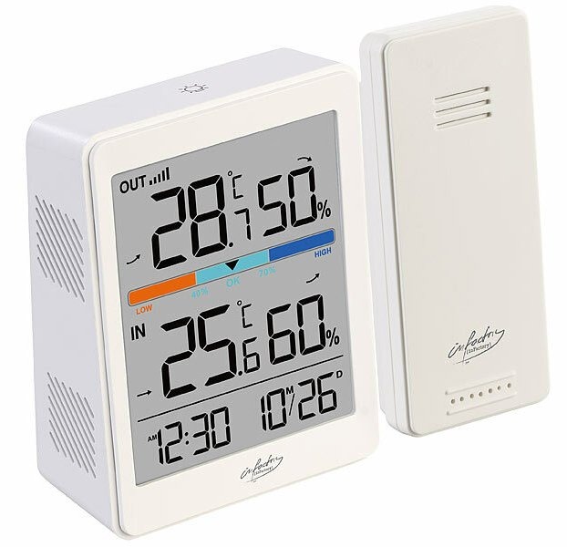 infactory Außen- und Innen-Thermometer und Hygrometer mit Funk-Außensensor, 60 m: Temperatur, Luftfeuchtigkeit und Uhrzeit im Blick behalten