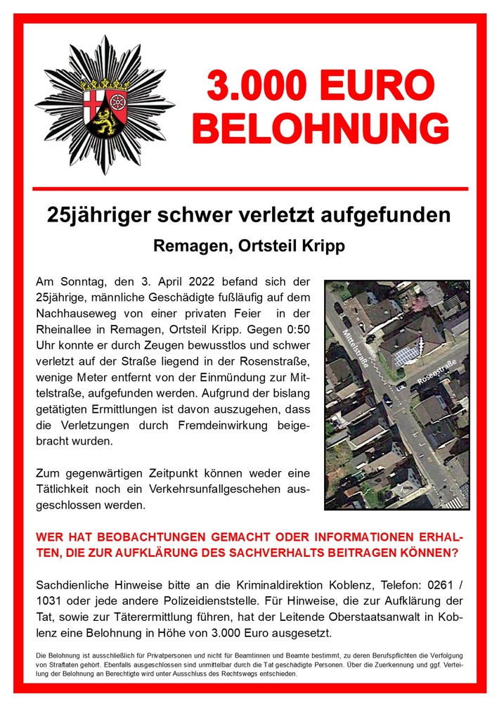 POL-PPKO: Öffentlichkeitsfahndung nach dem Auffinden schwerverletzter Person in Remagen-Kripp