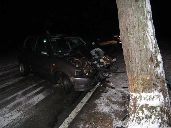 POL-HOL: Landesstraße 428 zwischen Ottenstein und Lichtenhagen: Auf schneeglatter Fahrbahn gegen Baum geprallt - Drei Insassen schwer verletzt / Fahrzeug Totalschaden -