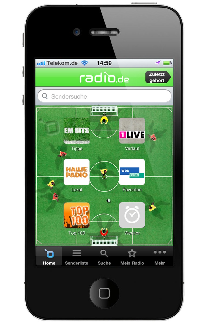 radio.de ist der ideale Begleiter für die Fußball-Europameisterschaft 2012 - alle Spiele live, auch unterwegs über die radio.de Apps /
radio.de bringt den Fußball ins Netz (BILD)