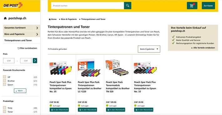 Schweizer Post und Peach halbieren die Druckkosten / Preisgünstige Angebote für Tinte und Toner jetzt im Post Online-Shop erhältlich