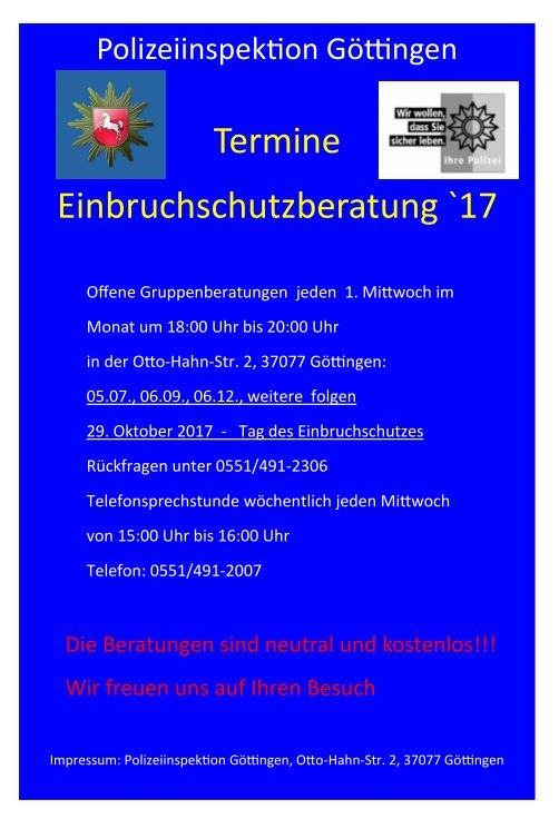 POL-GÖ: (493/2017) Beratungsoffensive für wirksamen Einbruchschutz geht weiter - Nächste öffentliche Veranstaltung am 6. September bei der Polizeiinspektion (PI) Göttingen in Weende