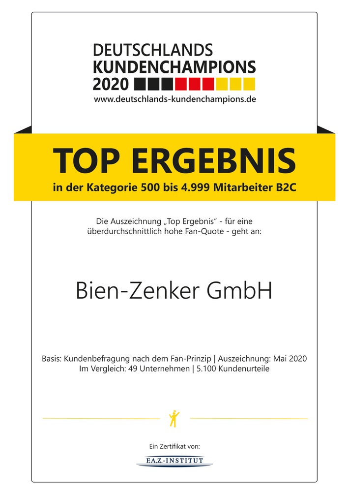 Bien-Zenker macht Kunden zu Fans der eigenen Marke / Auszeichnung als &quot;Deutschlands Kundenchampion 2020&quot; bescheinigt Bien-Zenker hervorragenden Erfolg bei der Kundenbindung