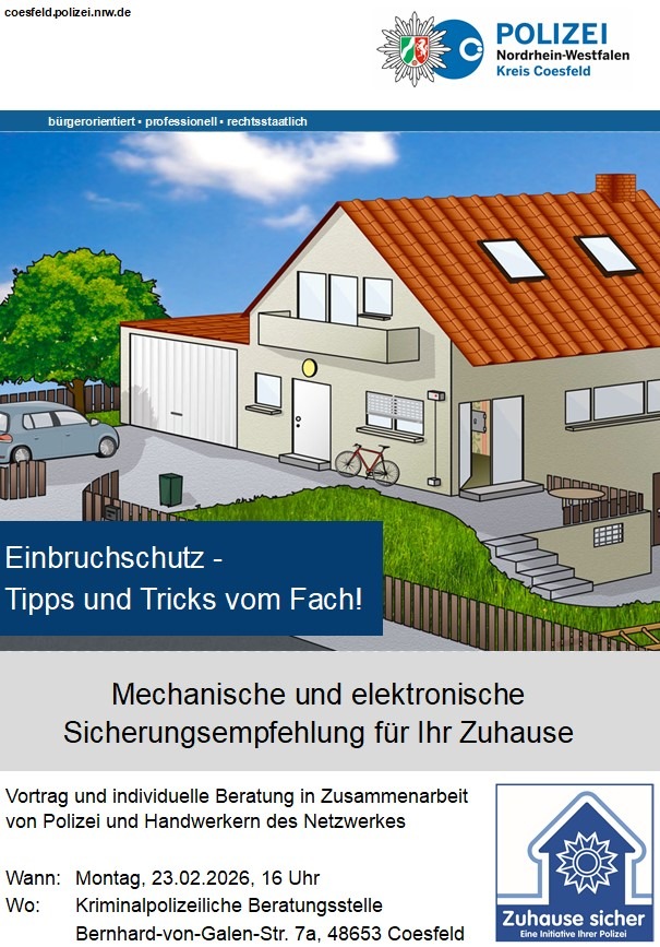 POL-COE: Kreis Coesfeld/Einbruchschutz: Tipps und Tricks vom Fach - Polizei lädt Interessierte zur Vortragsreihe ein