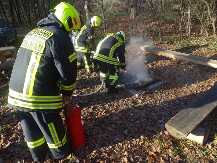 FW Reichenau: Unbewachtes Lagerfeuer mit Feuerwerkskörpern entdeckt, Reichenau-Waldsiedlung, 01.01.2023