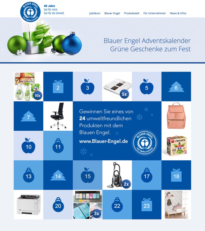 Adventskalender-Verlosung mit dem Umwelt-Plus / Der Blaue Engel verlost 24 umweltfreundliche Markenprodukte