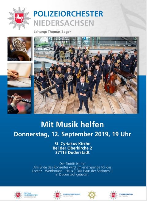 POL-GÖ: (504/2019) &quot;Mit Musik helfen&quot; - Polizeiorchester Niedersachsen macht am 12. September Station in Duderstadt, Eintritt frei-Spenden erbeten!