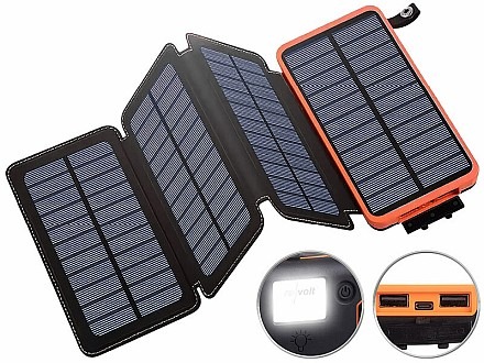 Energie satt für Mobilgeräte - mit kostenloser Sonnenenergie: revolt Solar-Powerbank PB-90.s mit faltbarem 8-W-Solarpanel, LED-Lampe, 16 Ah, 2,1 A