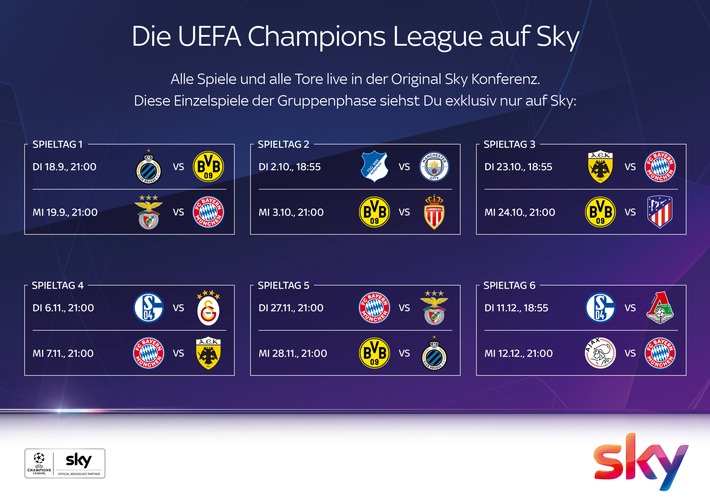 Europäische Fußballfeste in der neuen UEFA Champions League exklusiv bei Sky: die Auftaktspiele des BVB in Brügge und des FC Bayern bei Benfica Lissabon live nur bei Sky