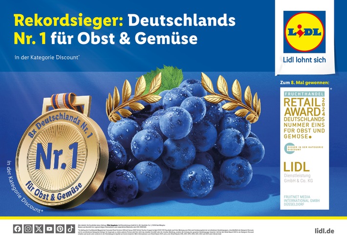 Lidl ist Frische-Rekordsieger des Retail Awards / Deutschlands Nummer eins für Obst und Gemüse: Lidl ist zum achten Mal Sieger in der Kategorie Discount des &quot;Fruchthandel Magazin Retail Awards&quot;