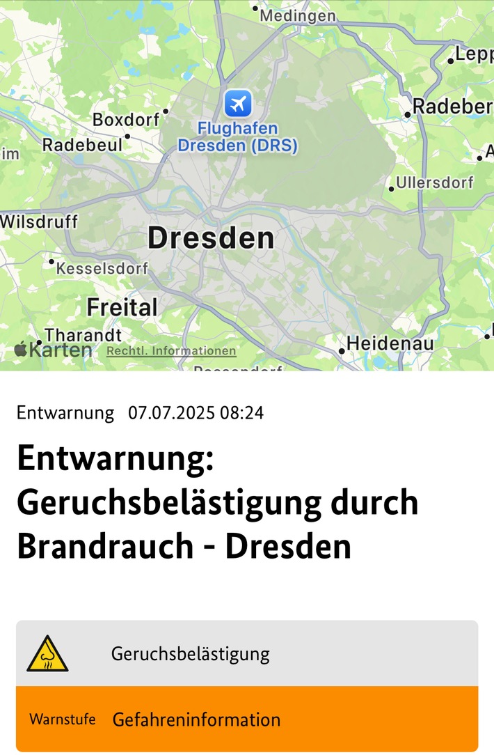 FW Dresden: Entwarnung bezüglich Geruchsbelästigung durch Brandrauch aus der Gorischheide