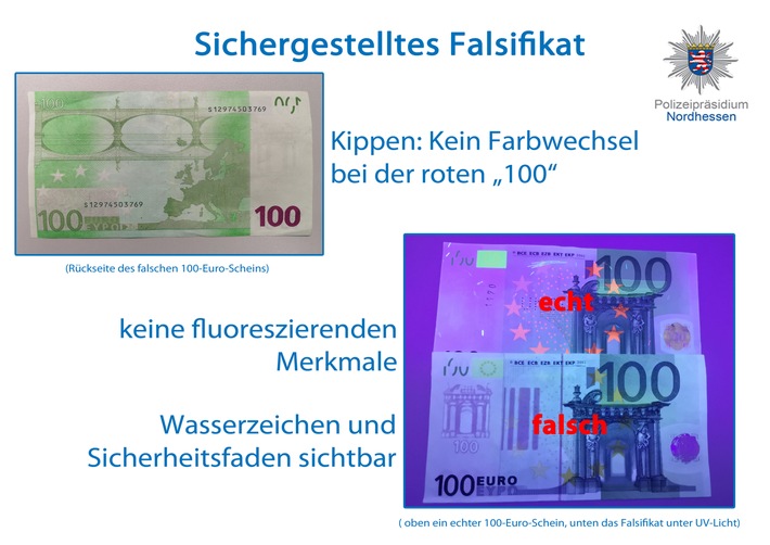 POL-KS: Stadt und Landkreis Kassel: Falsche 100-Euro-Scheine im Umlauf: Polizei gibt Tipps zur Erkennung von Falsifikaten