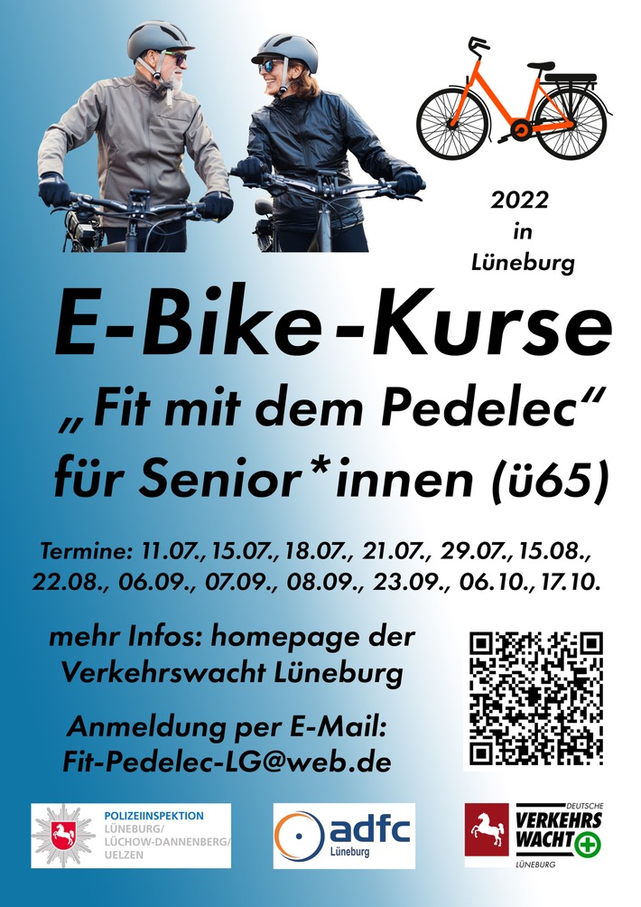 POL-LG: ++ Neue Kurse -&gt; E-Bike-/Pedelec-Kurse für &quot;Seniorinnen und Senioren&quot; von Verkehrswacht, ADFC und Polizei in Lüneburg ++ verschiedene Termine im Zeitraum Juli bis Oktober 2022 ++ jetzt anmelden! ++