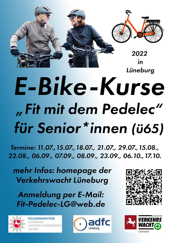 POL-LG: ++ Neue Kurse -> E-Bike-/Pedelec-Kurse für "Seniorinnen und Senioren" von Verkehrswacht, ADFC und Polizei in Lüneburg ++ verschiedene Termine im Zeitraum Juli bis Oktober 2022 ++ jetzt anmelden! ++