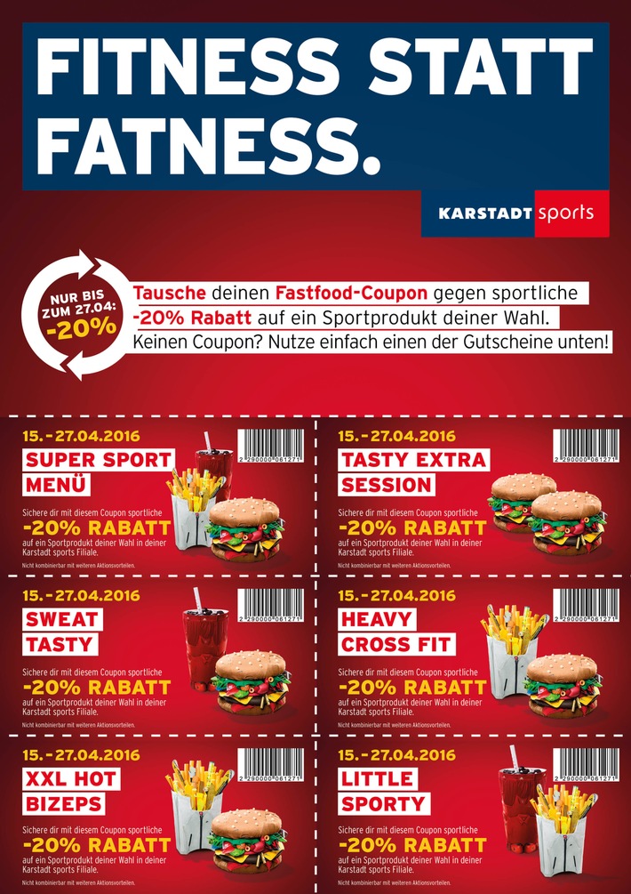 Karstadt sports macht Deutschland fitter! Fitness statt Fatness: Für Fast-Food-Coupons gibt es satte Rabatte auf das Sportsortiment