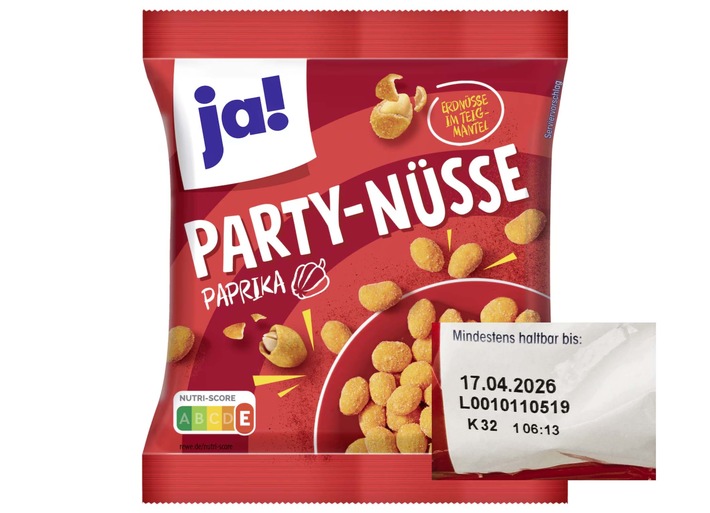 Die Snäcky Knabbergebäck GmbH informiert: Öffentlicher Warenrückruf "ja! Party-Nüsse Paprika" im 200-Gramm Beutel