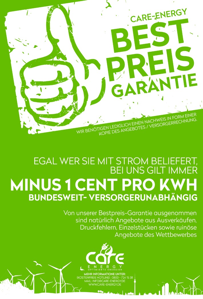 Strom mit Bestpreisgarantie / Immer einen Cent pro kWh günstiger, in Deutschland, Österreich und der Schweiz, versorgerunabhängig