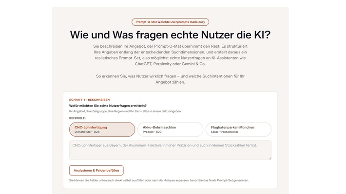 Prompt-O-Mat: das kostenlose Tool zeigt, wie Kunden KI wirklich fragen / Neues Werkzeug generiert realistische Zero-Shot-Prompts für ChatGPT, Perplexity und Google AI Overviews
