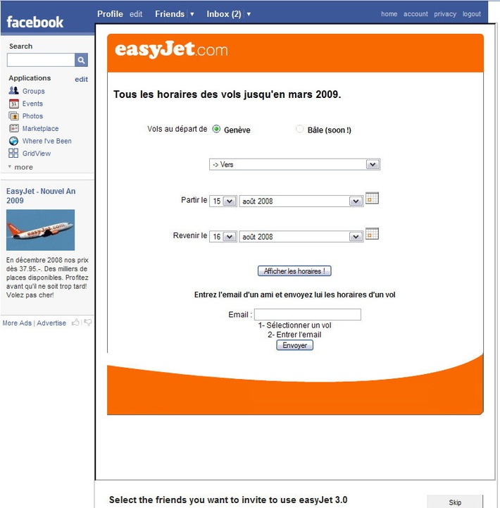 easyJet délivre ses horaires directement dans facebook avec Agence Virtuelle SA