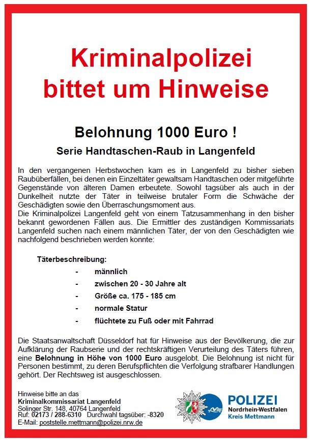 POL-ME: Serie von Handtaschenrauben in Langenfeld: Intensive Ermittlungen der Polizei dauern weiterhin an - Polizei bittet nach wie vor um Zeugenhinweise - Langenfeld - 1912013