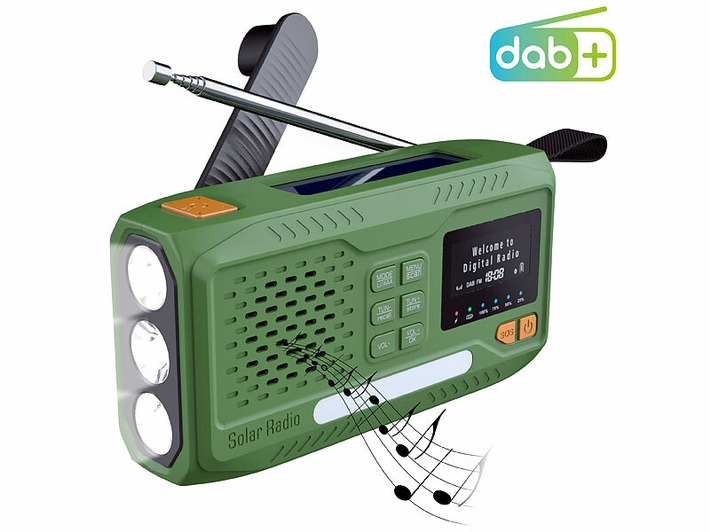 infactory Mobiles DAB+-Kurbelradio SOL-1550 mit EWF, Solarpanel, LED, USB, Bluetooth 5: Spielt Musik, spendet Licht und warnt dank Notfall-Warn-Funktion