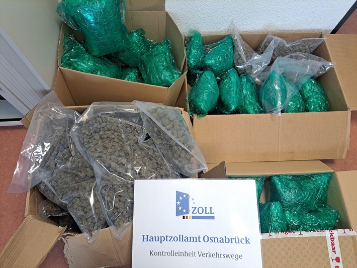 HZA-OS: 34 Kilogramm Marihuana in Kartons versteckt; Osnabrücker Zoll stellt Drogen im Wert von rund 335.000 Euro sicher