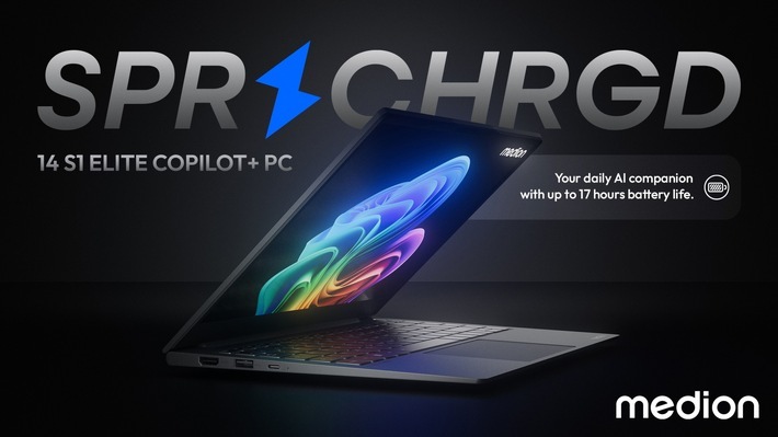 Das neue MEDION SPRCHRGD 14 S1 Elite überzeugt mit innovativem Qualcomm-Prozessor und umfassendem KI-Support für mehr Zeit für die wichtigen Dinge. / Weiterer Text über ots und www.presseportal.de/nr/9587 / Die Verwendung dieses Bildes für redaktionelle Zwecke ist unter Beachtung aller mitgeteilten Nutzungsbedingungen zulässig und dann auch honorarfrei. Veröffentlichung ausschließlich mit Bildrechte-Hinweis.
