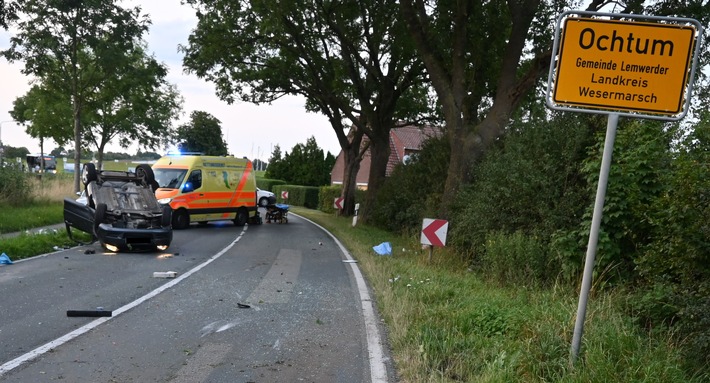 POL-DEL: Kreis Wesermarsch: Lemwerder - Pkw landet auf Dach, Fahrer betrunken