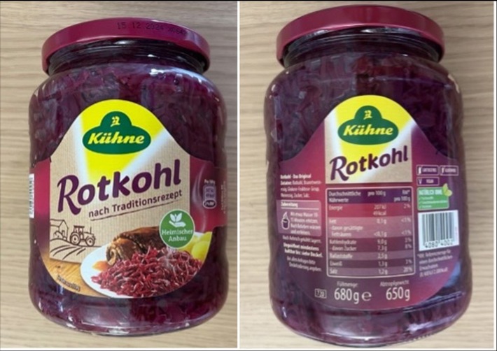 Produktrückruf Kühne Rotkohl nach Traditionsrezept 720 ml im Glas: Gefahr durch Fremdkörper im Produkt