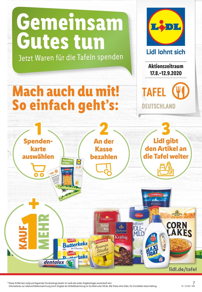 Zweite digitale &quot;Kauf-1-mehr&quot;-Aktion bei Lidl für die Tafeln / Dringend benötigte Produkte in Form von Spendenkarten kaufen und einfach an der Kasse spenden