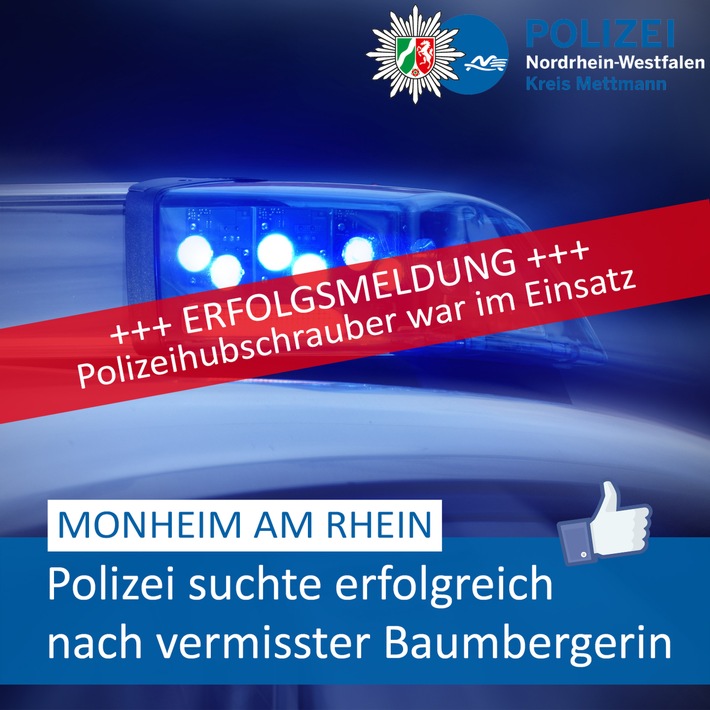 POL-ME: Hubschraubereinsatz: Erfolgreiche Suche nach vermisster Baumbergerin - Monheim am Rhein - 2303010
