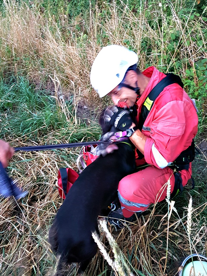 Höhenretter und Riesenschnauzer, beide freuen sich offensichtlich über die gelungene Rettungsaktion. Foto: Feuerwehr Essen