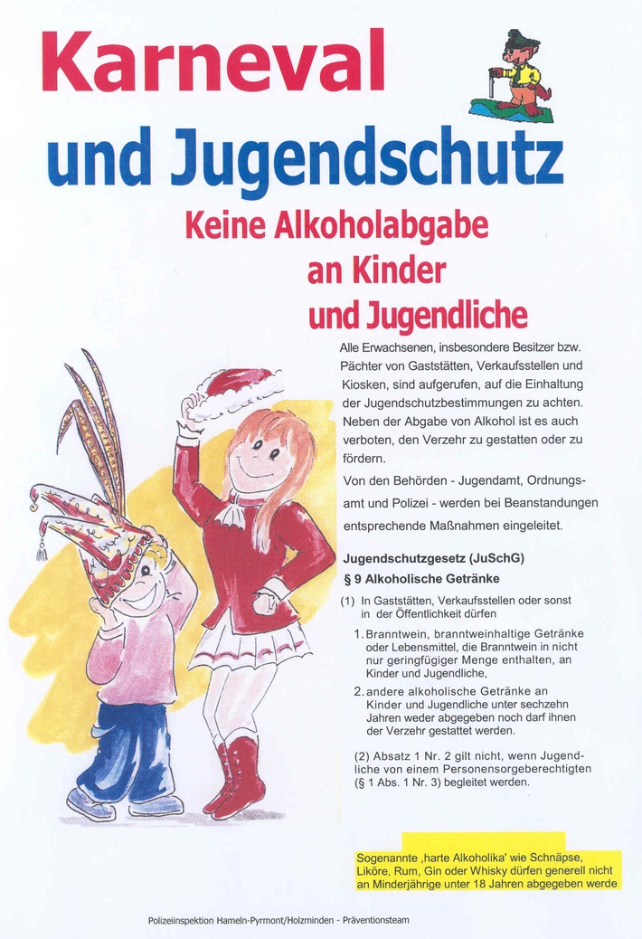 POL-HM: Polizei, Stadtverwaltung und OCC einig: Kein Alkohol für Kinder und Jugendliche beim Karneval / Polizei kündigt Kontrollen an