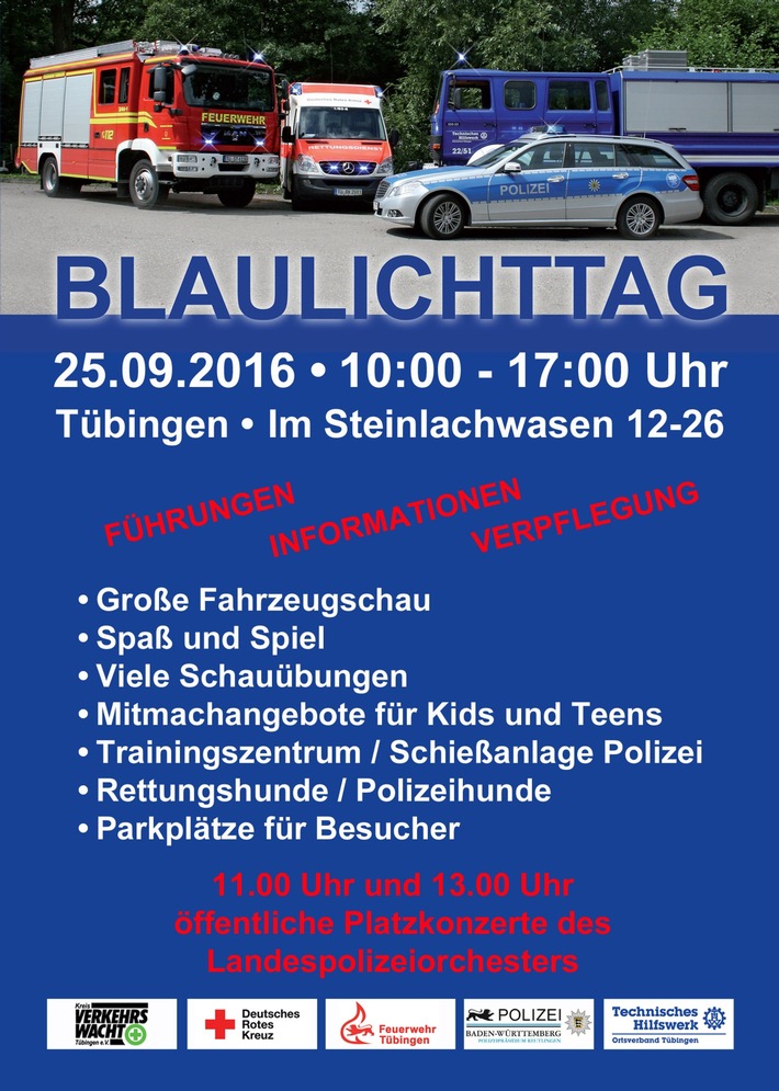POL-RT: Gemeinsame Pressemitteilung von DRK, Feuerwehr, THW und Polizei: &quot;Auf zum Blaulichttag nach Tübingen!&quot;
