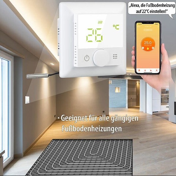 Wohlfühl-Temperatur genießen und Energie sparen: revolt WLAN-Fußbodenheizungs-Thermostat mit Sprachsteuerung und App, weiß und schwarz