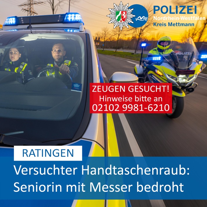 POL-ME: Versuchter Handtaschenraub: Seniorin mit Messer bedroht - Ratingen - 2212091