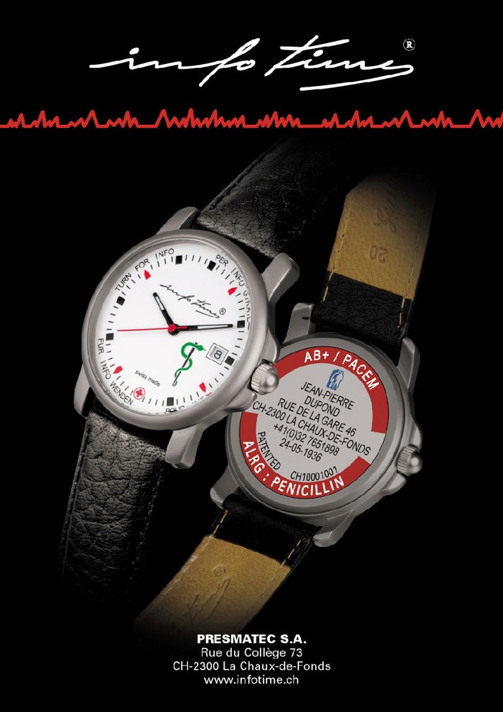 Depuis le mois de mars 2005, vous trouvez sur le marché suisse l&#039;unique montre INFOTIME® avec des inscriptions au dos entièrement personnalisées