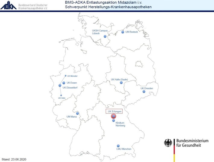 SARS-CoV-2-Pandemie: Einmalige BMG-ADKA Entlastungsaktion Midazolam i.v. erfolgreich umgesetzt - Krankenhausapotheker unterstützen die sichere Arzneimittelversorgung in der Intensivmedizin / Übersichtskarte Beteiligte Schwerpunkt-Herstellungs-Krankenhausapotheken der "BMG-ADKA Entlastungsaktion Midazolam i.v.", © ADKA, 06/2020 / Weiterer Text über ots und www.presseportal.de/nr/54292 / Die Verwendung dieses Bildes ist für redaktionelle Zwecke honorarfrei. Veröffentlichung bitte unter Quellenangabe: "obs/ADKA Bundesverband Deutscher Krankenhausapotheker"