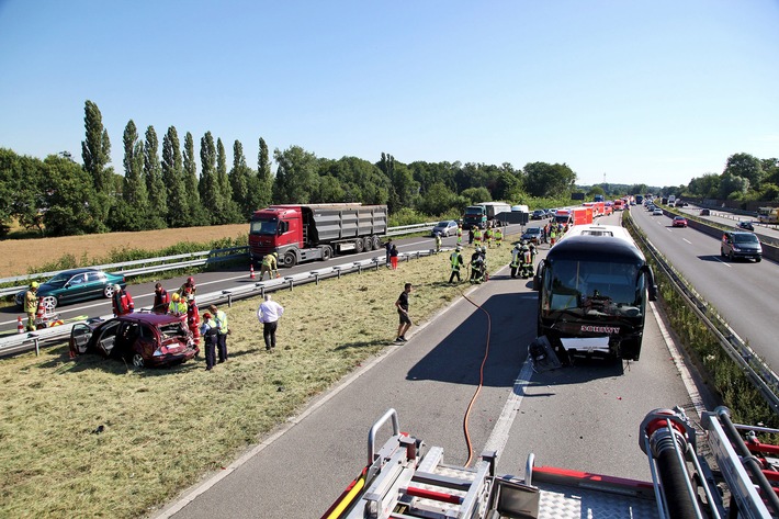 FW-E: Verkehrsunfall auf der A 52, voll besetzter Reisebus und drei Pkw beteiligt, fünf Personen verletzt