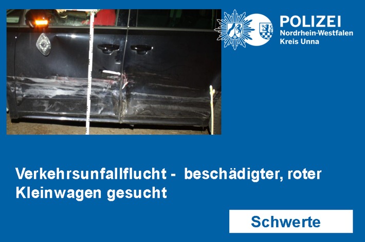 POL-UN: Schwerte - Verkehrsunfallflucht
- beschädigter, roter Kleinwagen gesucht