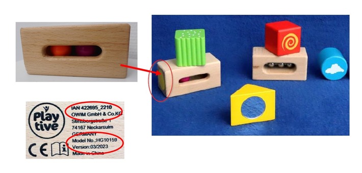 Die Firma OWIM GmbH & Co. KG warnt vor der weiteren Verwendung des Artikels "Sensorik-Bausteine" (Modellnummer HG10159) der Marke "Playtive" mit der IAN 422695_2210.
