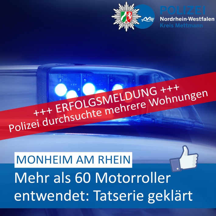 POL-ME: Geklaute Motorroller: Diebstahlserie aufgeklärt - Polizei durchsuchte mehrere Wohnungen - Monheim am Rhein - 2305015