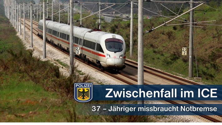 Bundespolizeidirektion München: Zwischenfall im ICE / 37-Jähriger missbraucht Notbremse