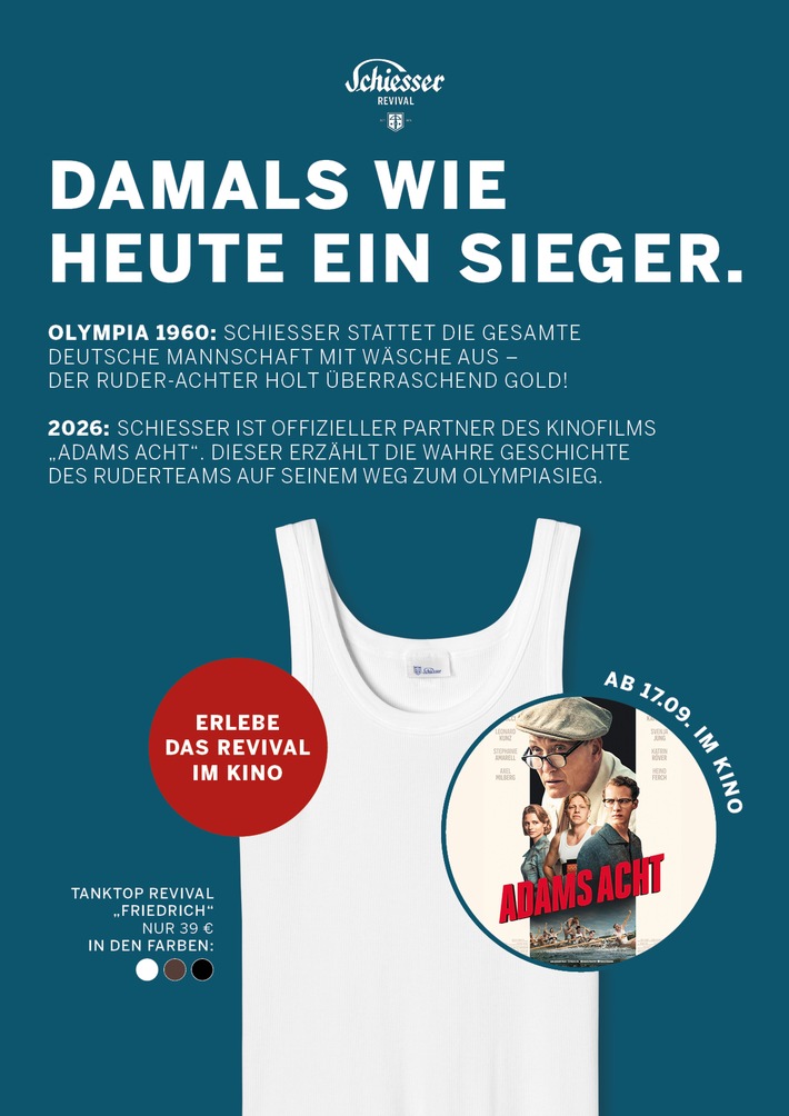 Damals wie heute ein Sieger: SCHIESSER ist offizieller Partner des Kinofilms ADAMS ACHT